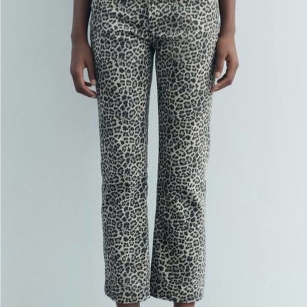 Zara Leopard Print Straight Leg Jeans - Black and Cream